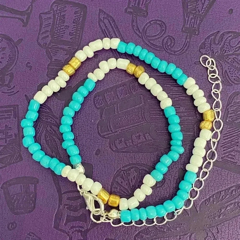 Handmade Turquoise White Gold Seed Bead Choker Necklace